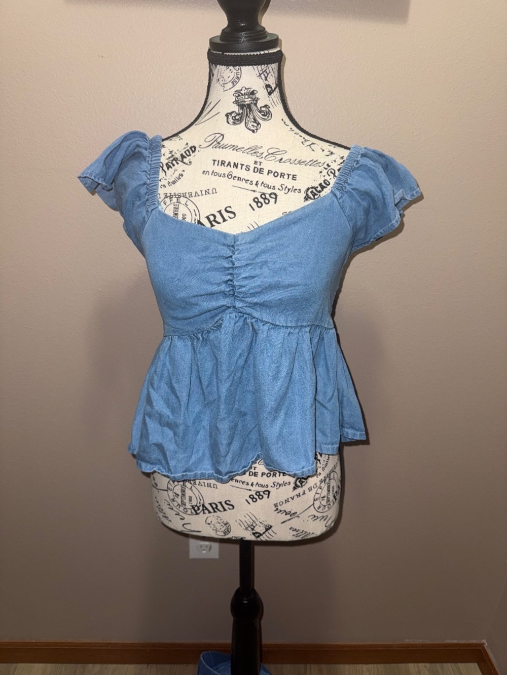 Lone Star Blue Chambray Babydoll Top Ruched Tie Sleeve Cottagecore Medium